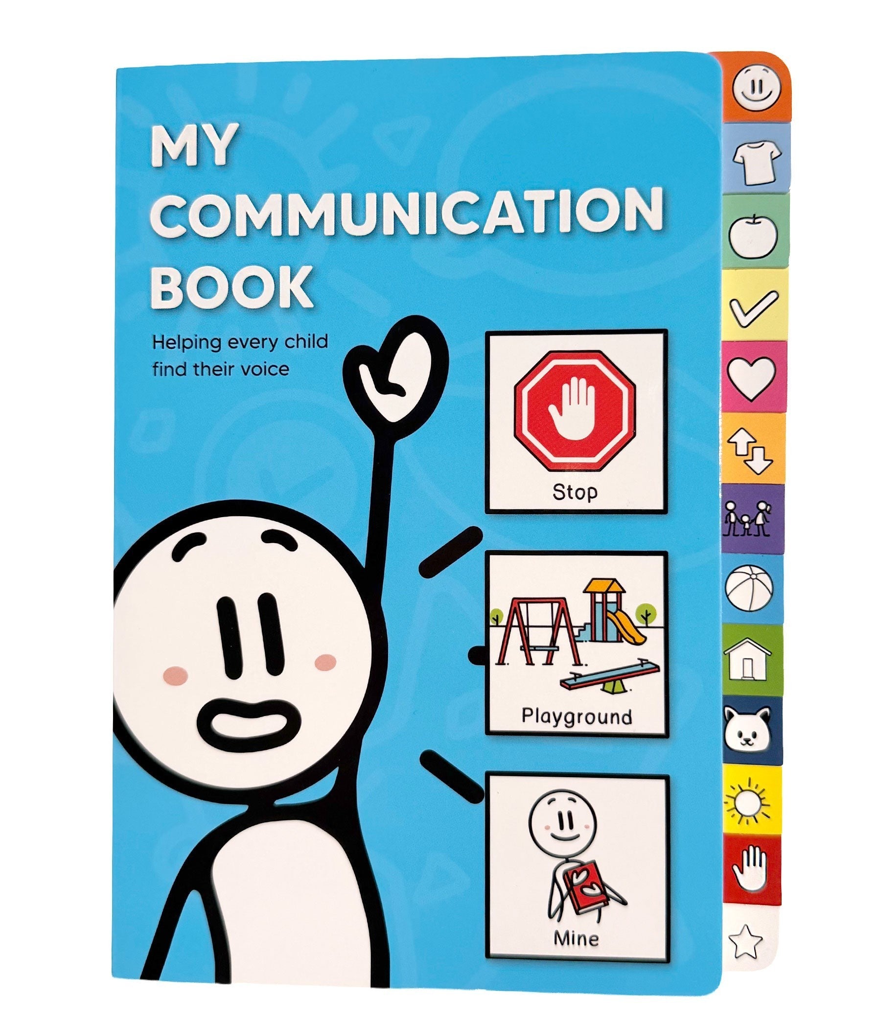 Orinvis My Communication Book, a picture-based tool for nonverbal children with autism and speech delays. Features PECS symbols for stop, playground, and mine.