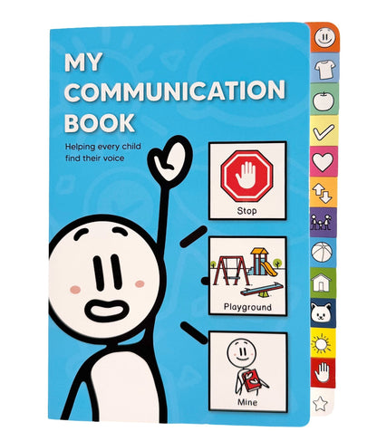 Orinvis My Communication Book, a picture-based tool for nonverbal children with autism and speech delays. Features PECS symbols for stop, playground, and mine.