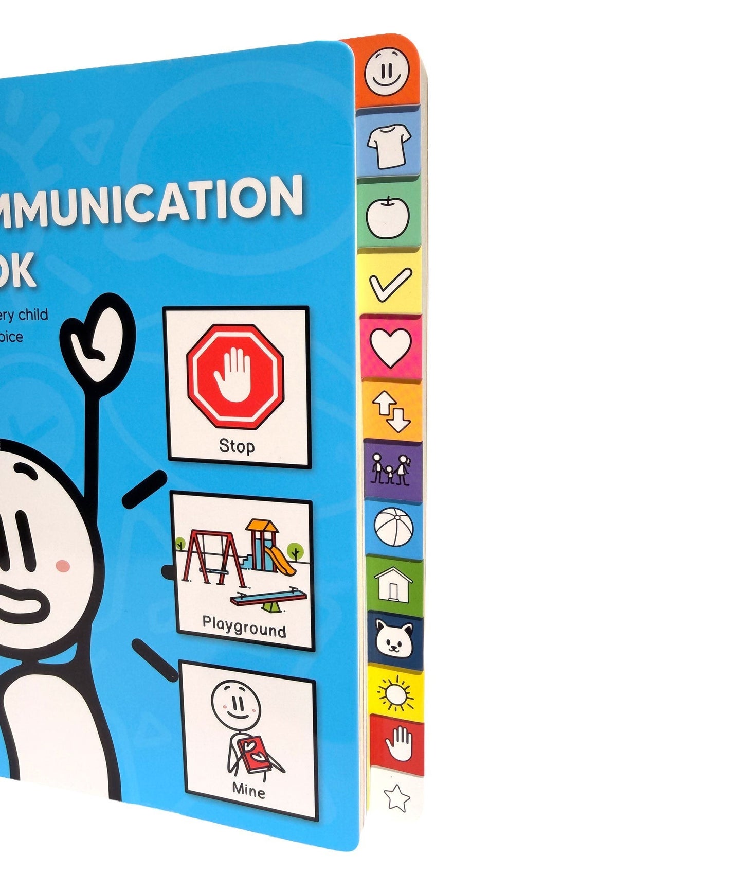 Orinvis My Communication Book, a picture-based tool for nonverbal children with autism and speech delays. Features tabs for 'Stop', 'Playground', and 'Mine'.